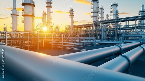 Futuristic petrochemical facility with extensive pipelines, bathed in warm sunset light, showcasing advanced manufacturing processes