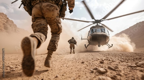 Soldiers sprinting towards a helicopter in a war-torn desert, with clouds of dust and smoke billowing around, capturing the urgency of a battlefield extraction