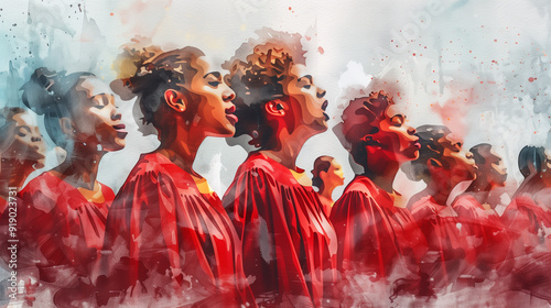 A gospel choir sings energetically, dressed in bright red robes, captivating the audience with their uplifting performance, watercolor art