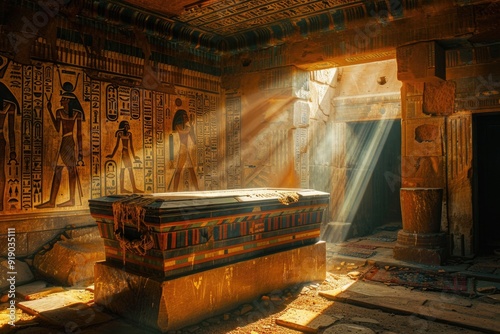 A sunlit interior of an ancient Egyptian shrine, providing a glimpse into the sacred space