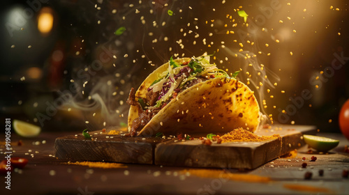 Artistic composition featuring a single Korean BBQ beef taco magically levitating above a wooden serving board