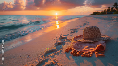 breathtaking sunset scene where a women's hat and a towel rest on the golden sands of a Maldivian beach