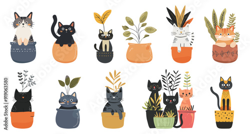 Cute cats in planterns. Kittens inside indoor flower pots between house plants. Funny print sticker postcard elements. Simple flat cartoon vector style isolated clipart collection