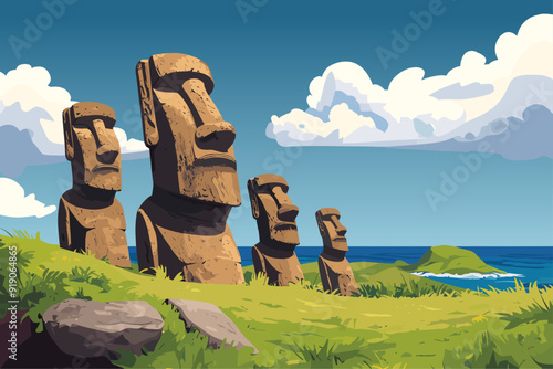 Easter island with moai statues landscape. National park Rapa Nui. Monolithic human figures statues. Remote location. Travel journey and tourism concept. Cartoon style vector illustration