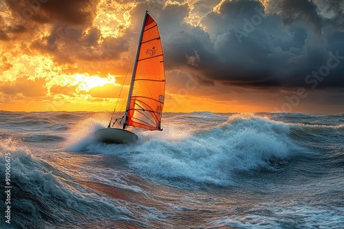 Experienced windsurfer surfing on waves on a windy day