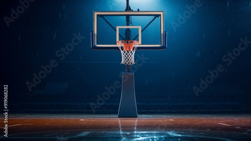 A basketball hoop stands under dramatic lighting in a rain-soaked arena, emphasizing the sport's intensity and atmosphere.