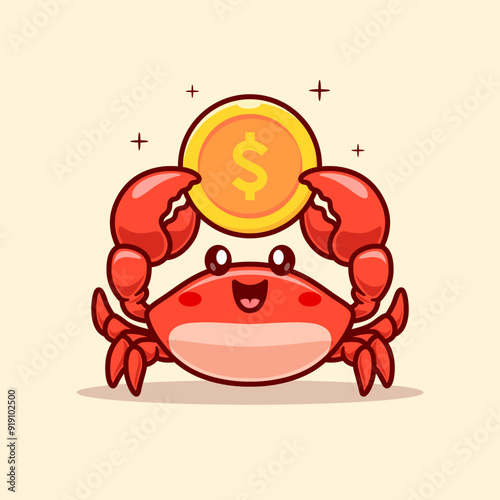 Cute Crab Holding Gold Coin Cartoon Vector Icon Illustration. Animal Finance Icon Concept Isolated Premium Vector. Flat Cartoon Style 