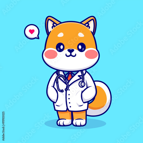 Cute Shiba Inu Dog Doctor With Stethoscope Cartoon Vector Icon Illustration. Animal Health Icon Concept Isolated Premium Vector. Flat Cartoon Style 