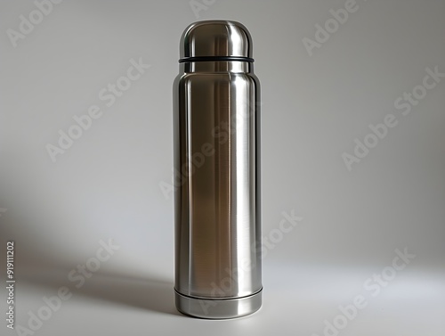 Stainless steel thermos bottle standing against a plain background