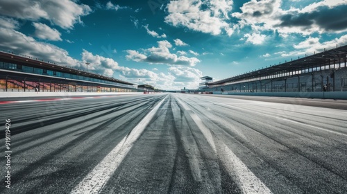 An empty racetrack viewed from the perspective of a driver's seat, showcasing the anticipation and thrill of the open road