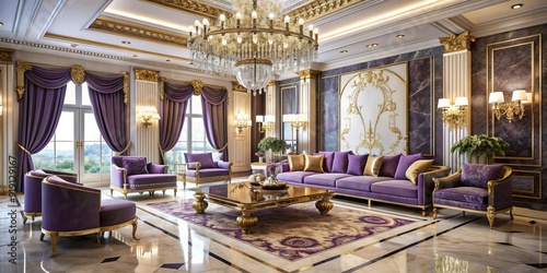 Opulent purple and gold accented living room with lavish furnishings, marble floors, and crystal chandeliers, exuding luxury and sophistication in a lavish modern interior.