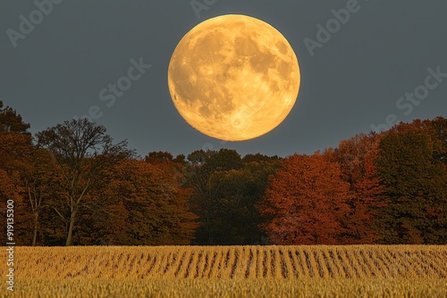 Harvest Moonrise over Golden Fields: Autumn Colors and Warm Hues