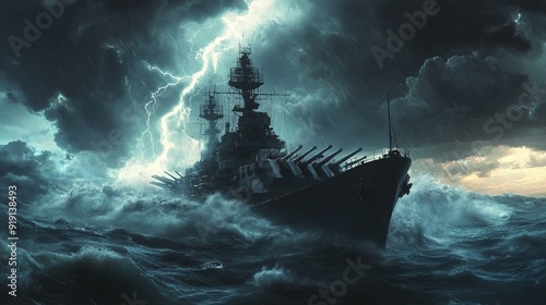 Powerful Battleship Navigating Rough Seas - Stock Photo