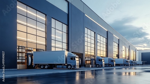 A large building with many trucks parked in front of it