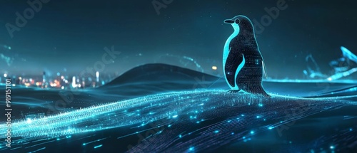 Open-Source Power: Digital Landscape with Linux Penguin Integration Signifying Stability