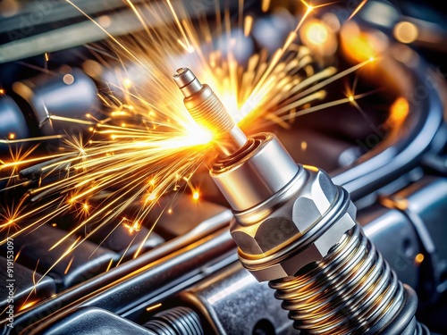 Close-up of a spark plug igniting fuel and air mixture inside a tidy combustion chamber of a modern petrol car engine with shiny metallic walls.