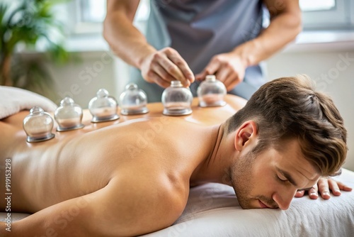 Close-up of a wellness cupping massage therapy session, focusing on the treatment of an athletic individual's back, promoting relaxation and rehabilitation in a medical clinic setting.