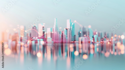 An abstract illustration symbolizing economic expansion and financial growth, featuring a futuristic city skyline overlaid with digital graphs and currency symbols, against a backdrop designed for