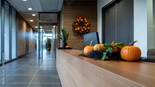 A reception area in an office with a Halloween wreath on the front desk, featuring miniature pumpkins and cobwebs, welcoming visitors with a festive touch