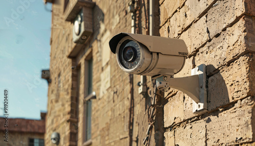 Caméra de surveillance sur un mur en briques