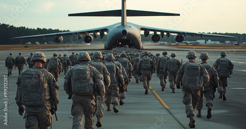 Large group of soldiers in uniform boarding a military transport aircraft, preparing for deployment at a military airfield. 