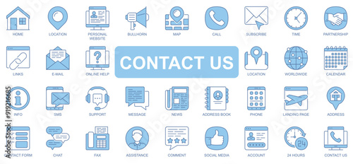 Contact us icons set in duotone outline stroke design for web. Pack pictograms of home, location, bullhorn, map, call, subscribe, time, partnership, links, email, message, other. Vector illustration.