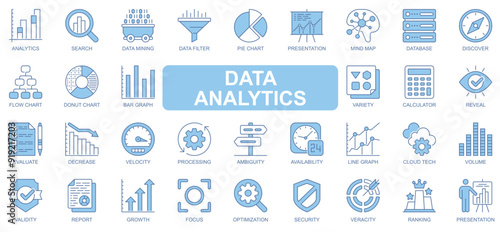 Data analytics icons set in duotone outline stroke design for web. Pack pictograms of search, mining, filter, pie chart, presentation, mind map, database, discover, flow, other. Vector illustration.