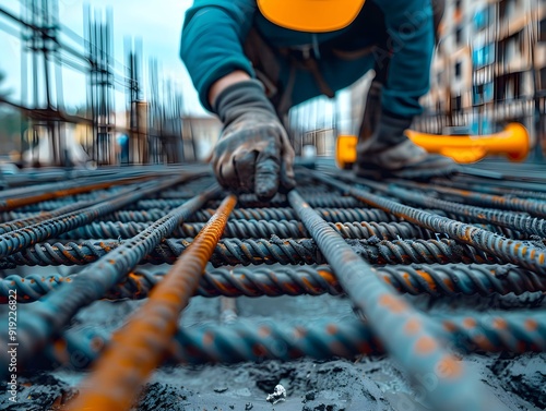 Construction worker shaping rebar on a building site during early morning hours