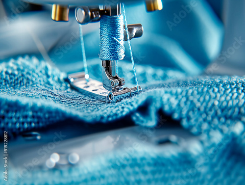 A blue sweater is being sewn with a sewing machine. The blue color of the sweater and the machine creates a calming and soothing mood