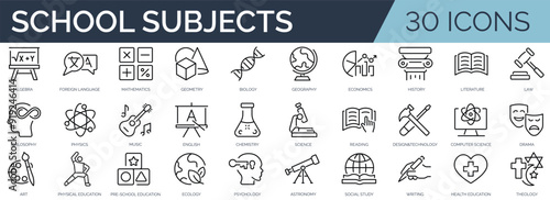 Set of 30 outline icons related to school subjects. Linear icon collection. Editable stroke. Vector illustration