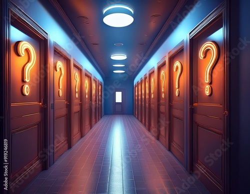 A hallway with multiple doors, each marked with a question mark