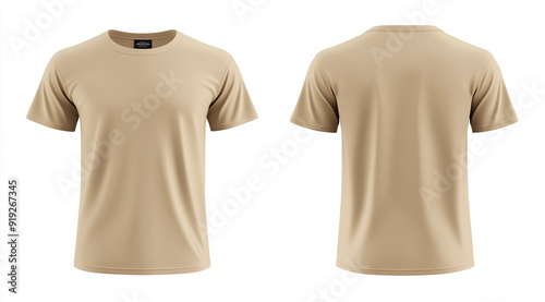 A tan-colored t-shirt, front and back view, white background, mockup template. Tan men's classic t-shirt