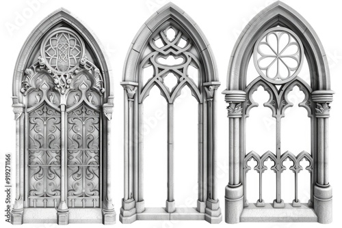 A detailed illustration of a gothic-style window with intricate stone carvings and pointed arches