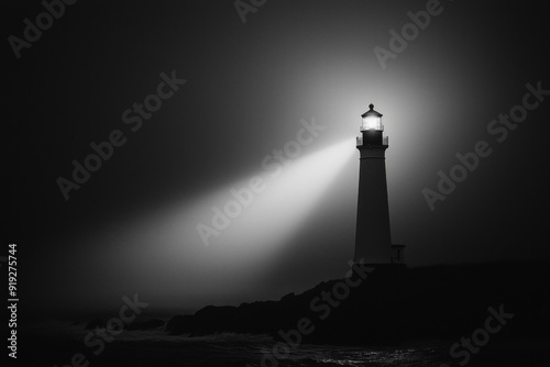 A white lighthouse beam cutting through a dark, foggy night. 