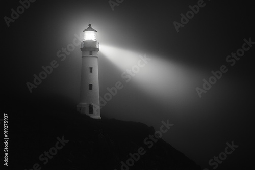 A white lighthouse beam cutting through a dark, foggy night. 