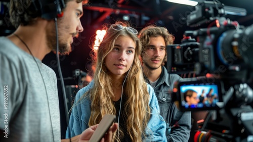 Happy students are working on an audiovisual production with bright smiles in the background while brainstorming with cardboard and interacting with the camera. The scene is very realistic and lively.