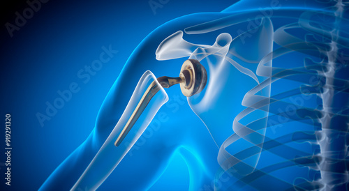 Shoulder joint replacement implant - X-ray view - Medically 3D illustration with blue background