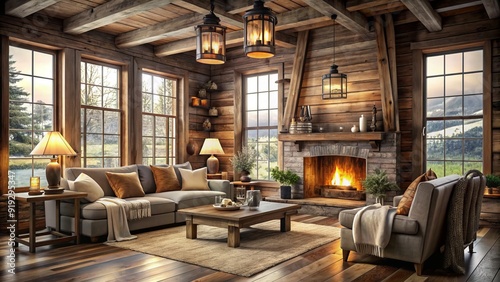 Cozy cabin-inspired living room features distressed wood accents, vintage lanterns, and natural textiles, evoking a warm and inviting atmosphere of rustic charm and simplicity.