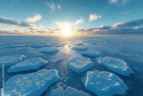 vast expanse of pristine arctic ice sheet stretching to the horizon jagged formations catching the low polar sun creating a landscape of ethereal beauty