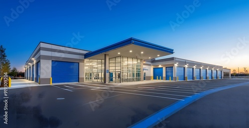 blue and white self storage facility with blue doors, clean, photo realistic, professional photography, beautiful lighting, wide angle lens, wide shot of entire building,