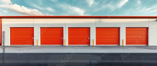 Full view of storage unit with orange doors, white wall and sky background. outdoor commercial self