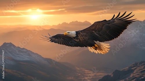 A majestic bald eagle soaring high above the mountains at sunset, with its wings spread wide and eyes focused on searching for prey