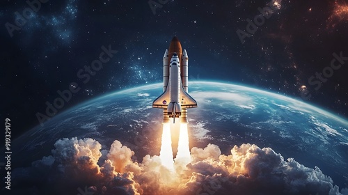 New space rocket lift off. Space shuttle with smoke and blast takes off into space on a background of blue planet earth with amazing sunset. Successful start of a space mission. Travel to Mars