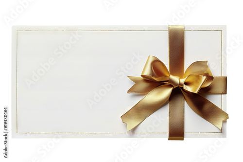 A blank white gift card with a gold ribbon bow or an empty gift signboard on transparent background