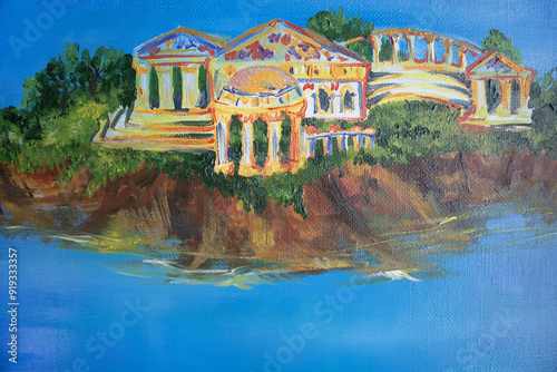 Archaic Greece ancient temple. Classical architecture fine art illustration with space for text. Colorful seascape.