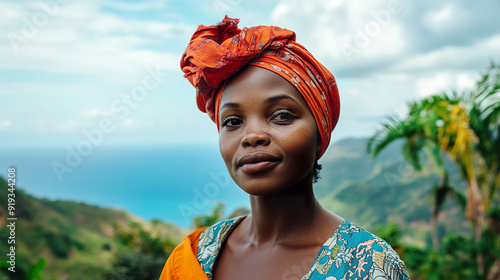 Beautiful Haitian woman in vibrant headwrap enjoying nature outdoors