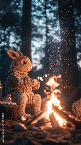 A tan-furred anthropomorphic rabbit enjoys roasting marshmallows over a warm campfire amidst the tranquility of a forest during dusk