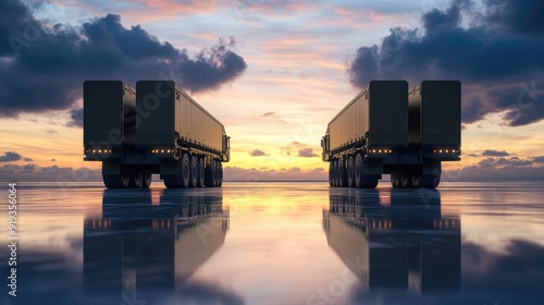 Two anti-aircraft missile systems on trucks stand ready, facing a futuristic city skyline under the twilight sky in the year 2045