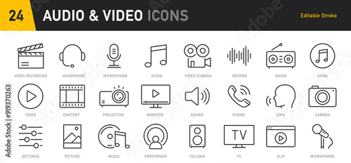 Audio and Video web icons in line style. Cinema, speaker, online, picture, play button, music, collection. Vector illustration.