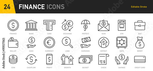 Finance and Money web icons in line style. Money, bank, profit, finance capital, payment, auction, exchance, wallet, deposit infographic. Icon collection. Vector illustration.